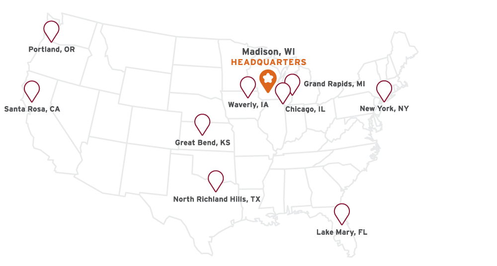 CUNA Mutual locations shown on a map of the United States, including Portland, Oregon; Rapid City, South Dakota; Great Bend, Kansas; North Richland Hills, Texas; Waverly, Iowa; headquarters in Madison, WI; Chicago, Illinois; Grand Rapids, Michigan; New York, New York; Lake Mary, Florida; and Santa Rosa, CA;